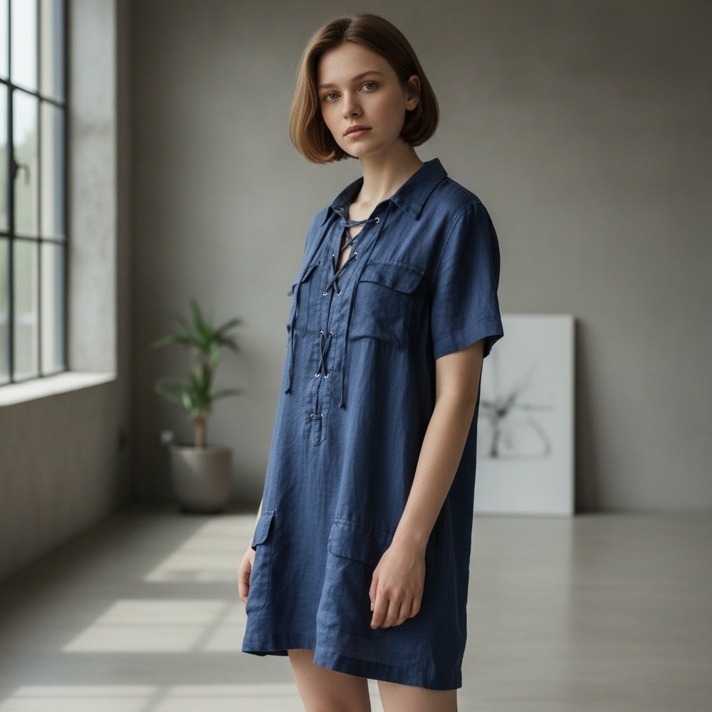 Equipment Navy 100% Linen Cargo‎ Dress Tie Front Utility Pockets
